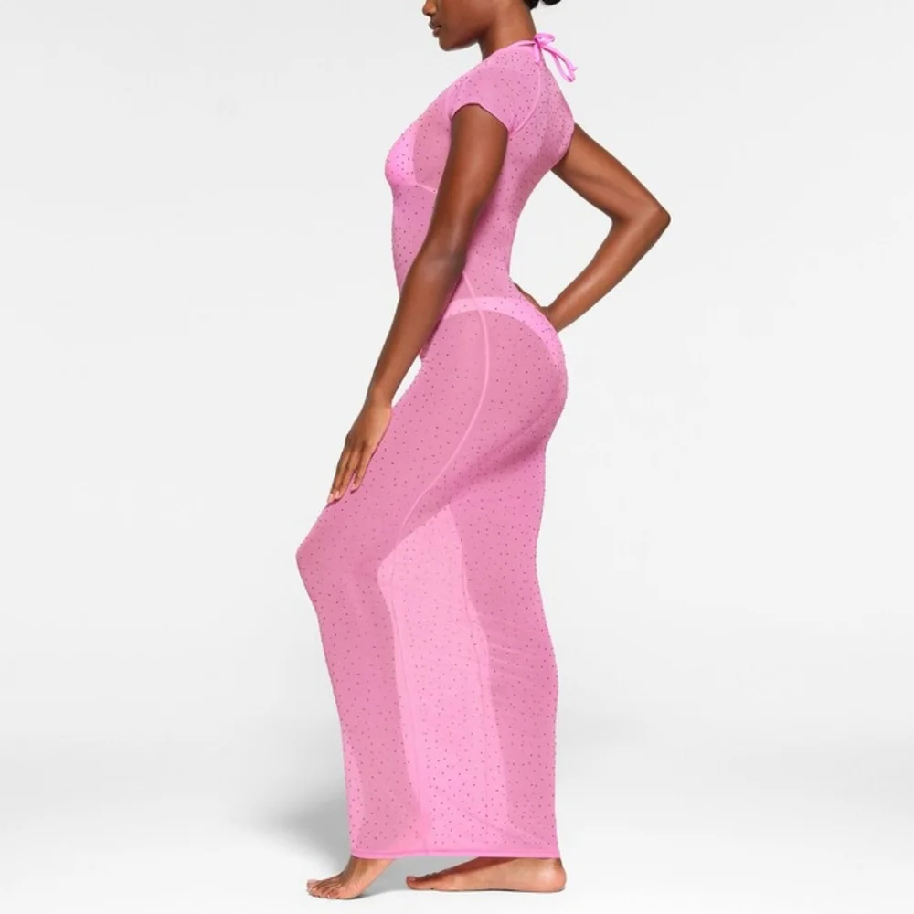 NWT SKIMS MESH RHINESTONE COVER UP LONG DRESS IN TAFFY